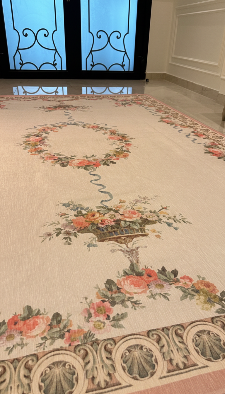 Classical Ribbons and Roses Pink Rug