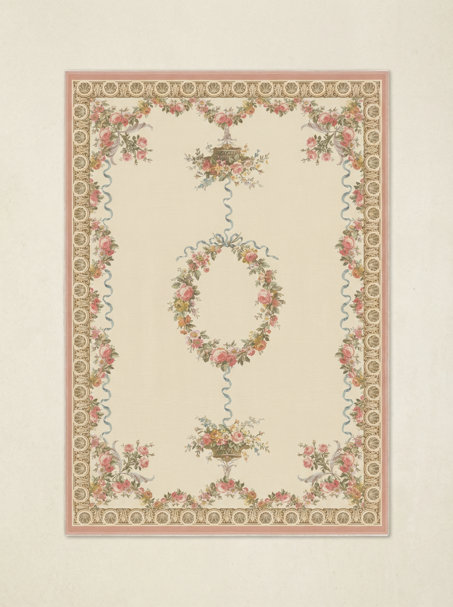 Classical Ribbons and Roses Pink Rug